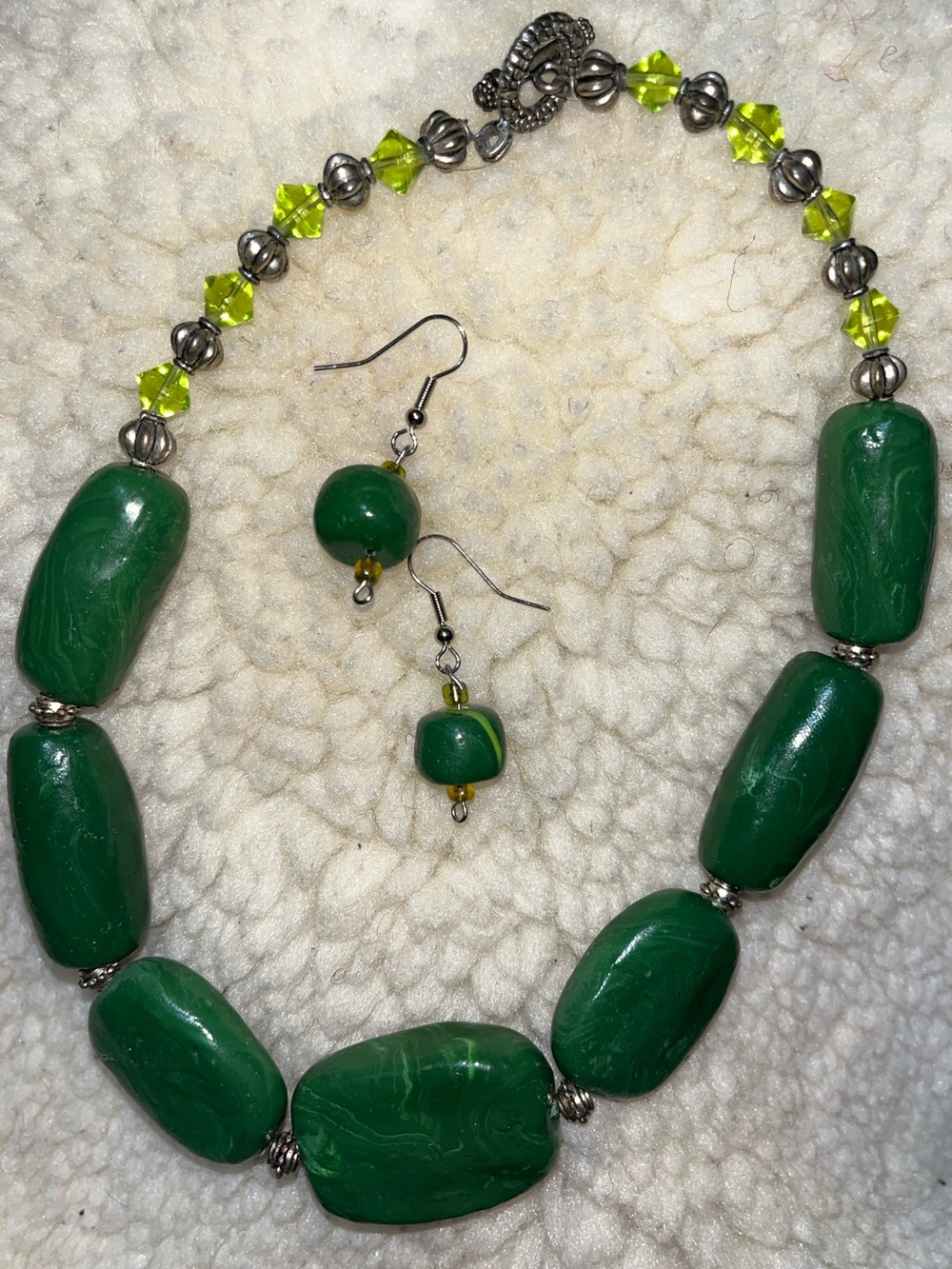 One-of-a-kind handmade jewelry set featuring a chunky statement necklace and coo